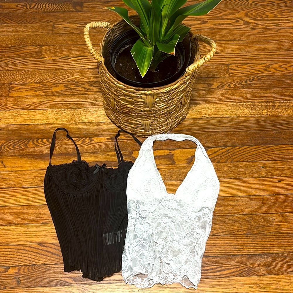 Black Lace Pleated Cami & White Lace Halter Top